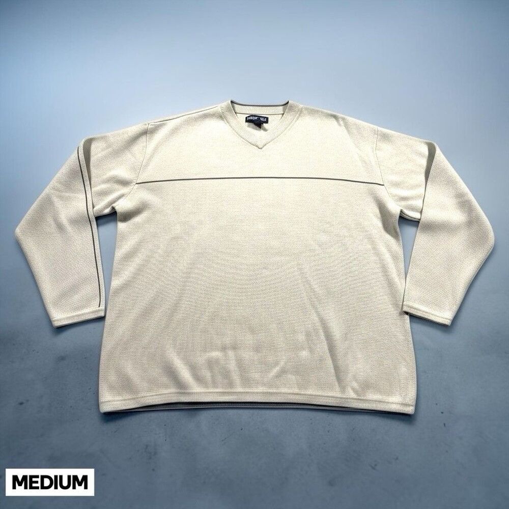 Vintage 90s Aeropostale Sweater Mens MED Beige V-Neck Cotton Blend Knit Japan